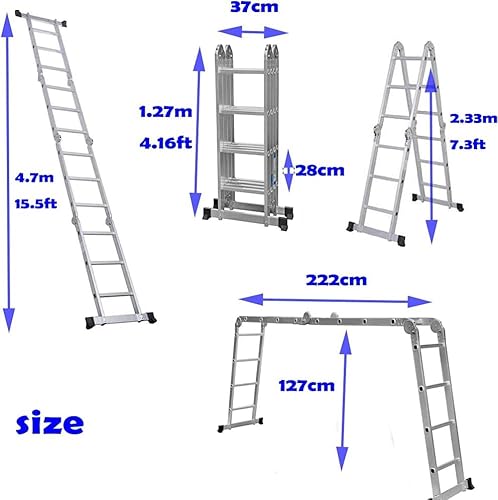 7-in-1 4.7m Folding Step Ladder, Max Load 330 Lbs, Heavy Duty Multi-Purpose Aluminium Ladder with Safety Locking Hinge, Heavy Duty Straight Ladders with Anti-Skid Texture for Home 2 7-in-1 4.7m Folding Step Ladder, Max Load 330 Lbs, Heavy Duty Multi-Purpose Aluminium Ladder with Safety Locking Hinge, Heavy Duty Straight Ladders with Anti-Skid Texture for Home - Image 2