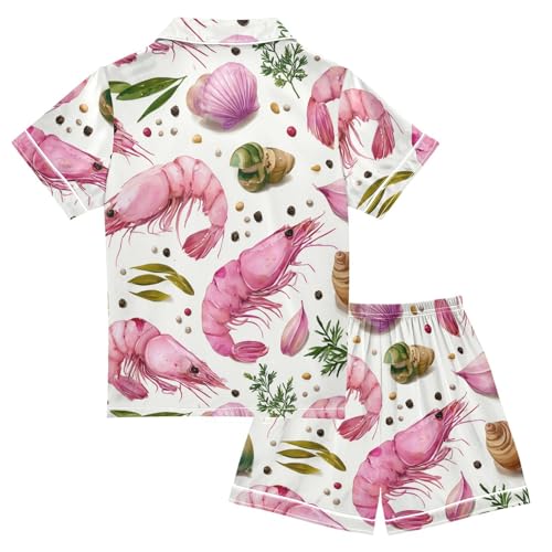 Satin Pajama Sets Short Sleeve Seafood Pattern with Lobster Button Down Silky Nightwear 2 Piece PJS 5-14Y2