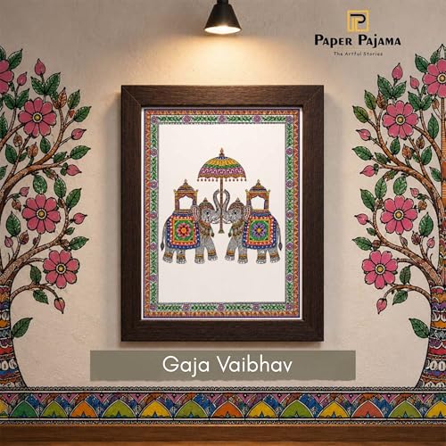 Image of PAPER PAJAMA Royal Elephant Vastu Wall Art for Living Room | Madhubani Elephant Pair Painting | Traditional Mithila Folk Art Framed Decor for Home, Office & Bedroom (10x13 Inches)