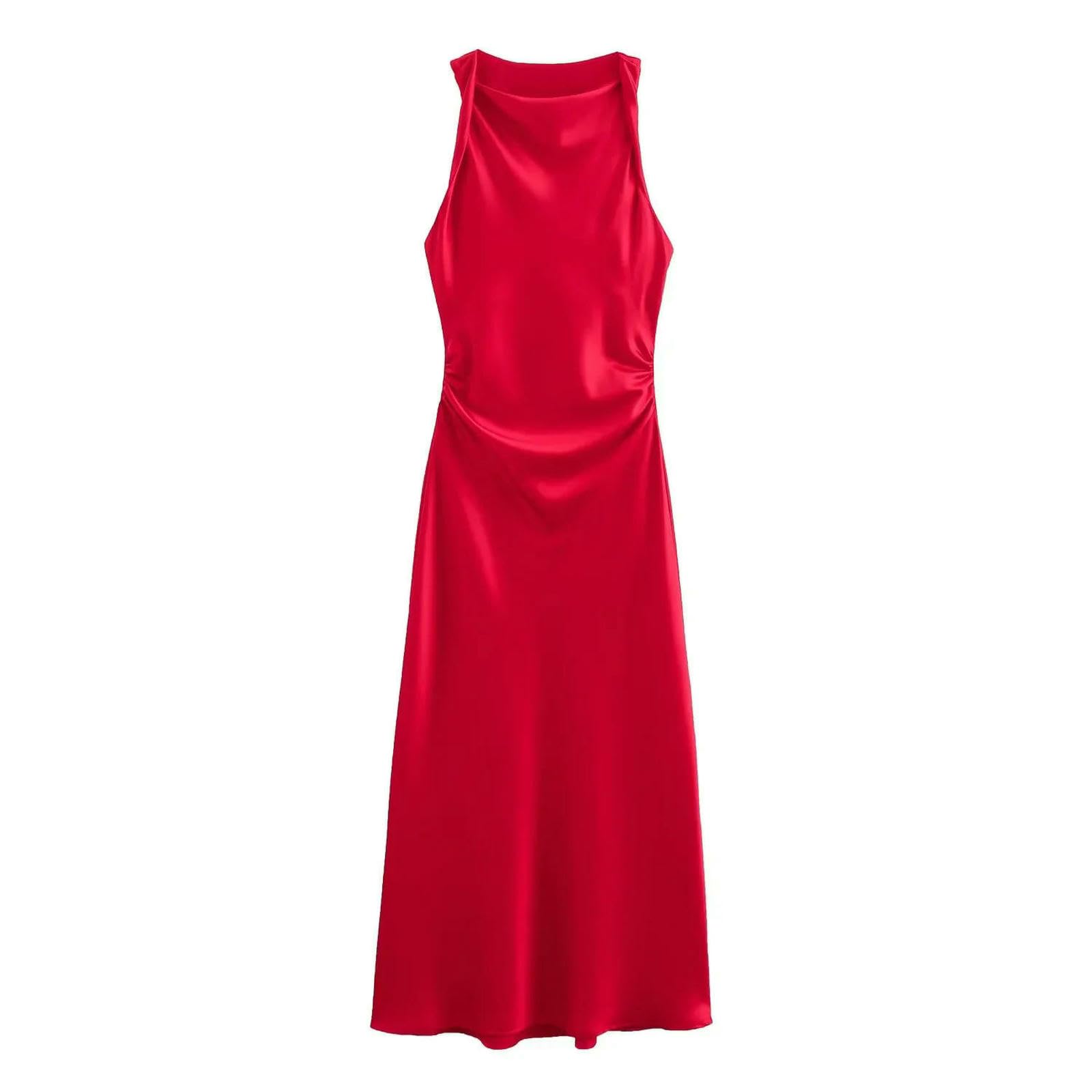 Vestito Donna Abiti Lunghi Satinici per Donne Slip Midi da Sexy Abito Sera Senza Maniche Eleganti-5-m