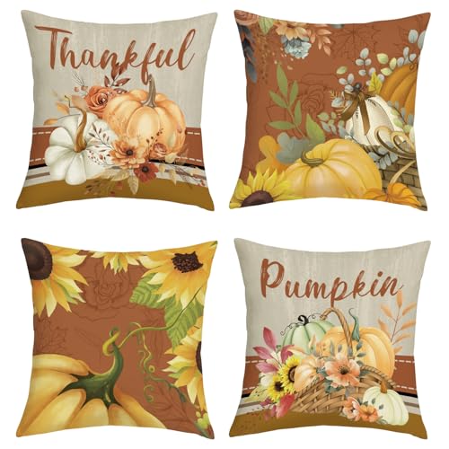 Joymaison Fundas Cojines 45x45 Juego de 4 Funda de Almohada Otoño Naranja Calabaza Acción de Gracias Cojines Fundas Granja Botánico Floral Hojas Cojine Decorativas para Sofá Salón Silla