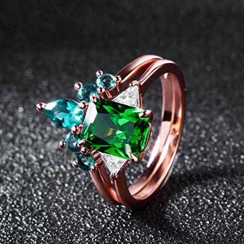 JIANGYUE Emerald Green Cubic Zirconia Stackable Statement Rings for Women Rose Gold White Crown Wedding Rings Set Mother's Day Jewelry Gift Size 5 6 7 8 9 103