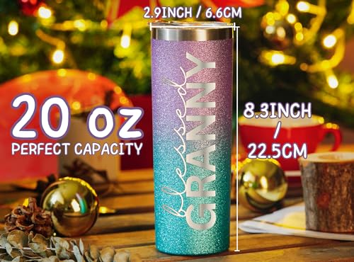 Image of Onebttl Christian Grandma Gifts for Mother's Day, 20oz Purple & Blue Glitter Skinny Tumbler, Straw & Lid Included, Granny Gifts - Blessed Granny
