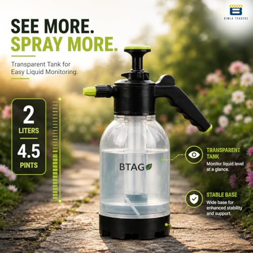 Image of Btag 2L Manual Pressure Spray Pump with Long Nozzle, Adjustable Sprayer for Gardening, Plant Watering & Home Cleaning. (PS001 Transparent Green)