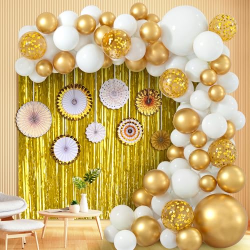 Image of Party Propz Golden and White Balloon Decoration Kit - 85 Pcs Birthday Decoration Items | Golden Metallic Balloon | With Confetti Balloons | Engagement Decoration Items | Happy Birthday Decoration Kit