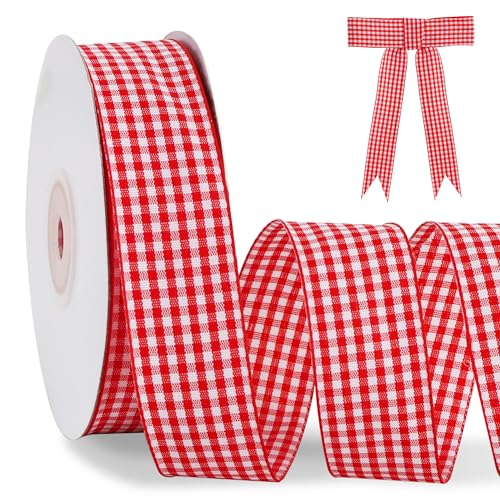 TONIFUL 1 Inch x 25 Yards Red Gingham Buffalo Ribbon Plaid Checkered Ribbon for Gift Wrapping Hair Bows Making Floral Bouquet Crafts Easter Valentines Day Baby Shower Birthday Christmas Wedding