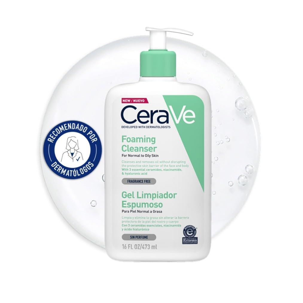 CeraVe Gel Limpiador Espumoso, Para Piel Normal a Grasa, Elimina el Exceso de Grasa y Suciedad, Enriquecido Con Ceramidas Esenciales, Niacinamida y Ácido Hialurónico, Apto para Rostro y Cuerpo, 473ml