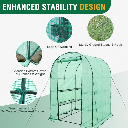 Image of EAGLE PEAK 3-Tier Walk in Portable Greenhouse with 8 Wire Shelves, Indoor and Outdoor Garden House with Roll Up Zipper Door and Windows, Easy Set Up, 56.3 inchx56.3 inchx76.8 inch, Clear /Green PE Cover