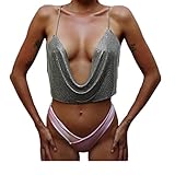 ✿ Dieses T-Shirt ist sexy. IHRKleid Damen Cami Sexy Tiefem V Halter Top Metall Pailletten Crop Top für Frauen (Silber)