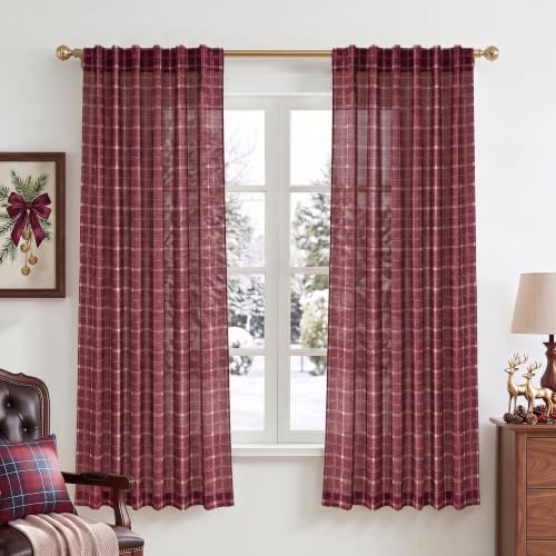 NICETOWN Red Plaid Curtains for Farmhouse 63 Inch Long 2 Panels