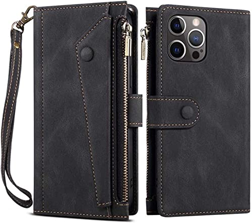 Étui iPhone 14 Pro anti rayure housse à clapet portefeuille avec fermeture éclair monnaie