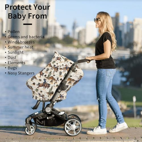 Image of Western Cowboy Cactus Baby Stuff Car Seat Cover for Baby,Mom Nursing Breastfeeding Covers,Multi-Use Car Seat Canopy Carrier Cover,Stroller Cover Newborn Shower Gift for Boys Girls