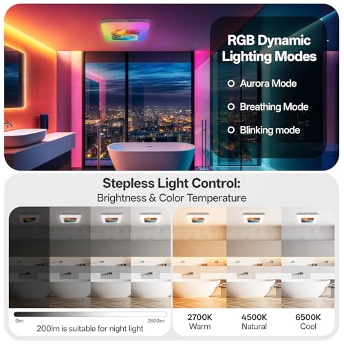 Image of Bathroom Exhaust Fan with Humidity Sensor, 230 CFM 1.0 Sone Ventilation Fan, 3 Dynamic Light and 3CCT Light (2700-4500-6500K), 11.22 inch x 11.22 inch Mount, Remote Control (Aurora Iridescence)