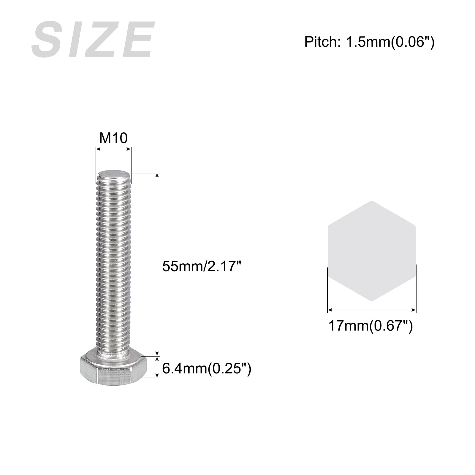 METALLIXITY Hex Bolts (M10-1.5x55mm) 5Pcs, 304 Stainless Steel Coarse Fully Threaded Hex Head Screw Bolt Machine Screws - Image 2