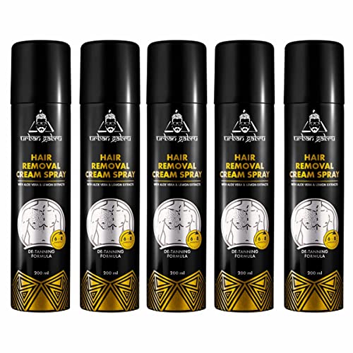 Image of Urbangabru Hair Removal Cream Spray (200 ML) Painless Body Hair Removal Cream Spray for Chest, Back, Legs & Under Arm (Pack of 5, Aloe Vera)