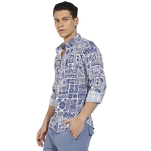 Image of Campus Sutra Men's Indigo Blue Contrast Aztec Shirt for Casual Wear | Spread Collar | Long Sleeve | Button Closure | Rayon Slub Lycra Shirts Crafted with Comfort Fit for Everyday Wear