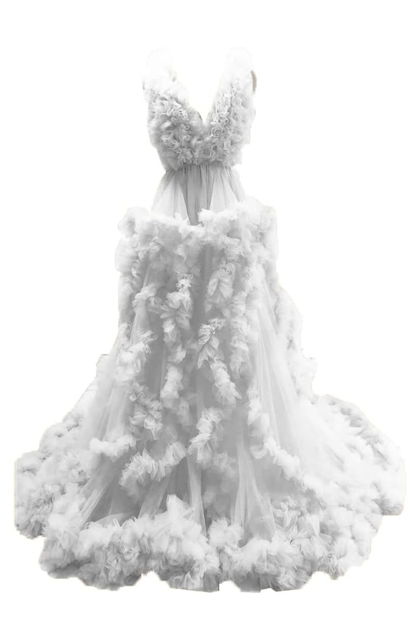 AHERKLL Women's Long Bridal Robes Tulle Lingerie Maternity Bathrobe Photoshoot Illusion Wedding Scarf Party Nightgown ZM013 White UK14