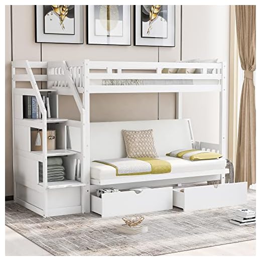 Twin Over Full/Futon Bunk Bed with Stairs and 5 Storage Drawers, Kids Wood Bunk Bed Twin Over Full, Bottom Bed can be Converted into Daybed, No Box Spring Needed (Convertible Bed, White)