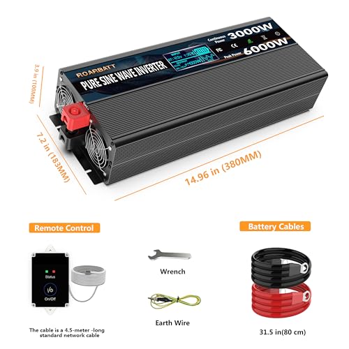 Image of 3000W Pure Sine Wave Power Inverter 12V DC to 110V /120V AC, 6000W Peak with Remote Control, 4 AC Outlets, Dual USB, LED Display, Heavy Duty Converter for RV, Truck, Solar System, Off-Grid & Emergency