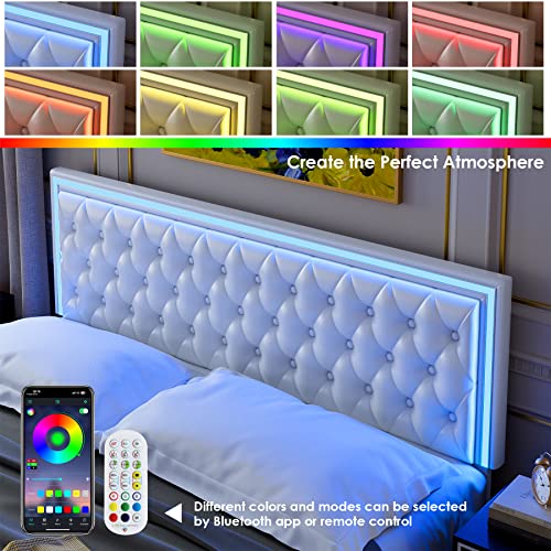 Keyluv Queen Upholstered Led Bed Frame With 4 Drawers, Pu Leather Platform Storage Bed With Adjustable Button Tufted Headboard And Solid Wooden Slats Support, No Box Spring Needed, White #TOP3