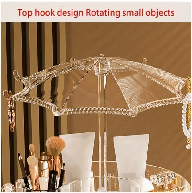 KANVIPRIYA 360 Rotating Makeup Organizer with Umbrella Design, 2 Layers Adjustable Carousel Large Capacity Revolving Perfume Organizer, Skincare Cosmetic Storage, Spinning Holder for Vanity 2