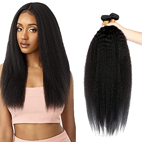 NiegMeag 22 24 26 28 Inch Kinky Straight Human Hair Bundles Yaki Straight Human Hair 4 Bundles 100% Unprocessed Virgin Remy Human Hair Extensions Soft and Shiny Yaki Hair Bundles Natural Black