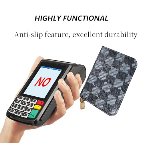 Ladies change card bag, zip storage bank card case, small portable 11 large capacity pouch, holds banknote change credit card(Black checkered pattern)4