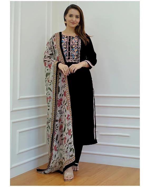 Image of Embroidery Printed Straight Kurta Pant & Dupatta Set for Girls & Womens Festival & Party Casual Formal Kurta Set with Dupatta for Women