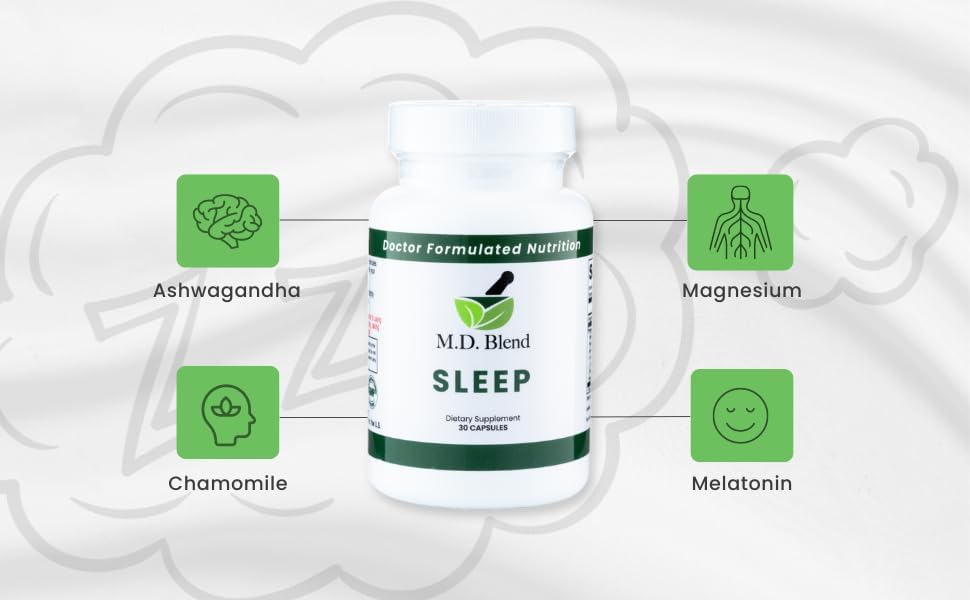 Miniatura 5 de M.D. Blend Suero para ojos Sleep + Plant Suplemento natural con L-teanina, Ashwagandha, magnesio, raíz de valeriana, melatonina, fórmula que no