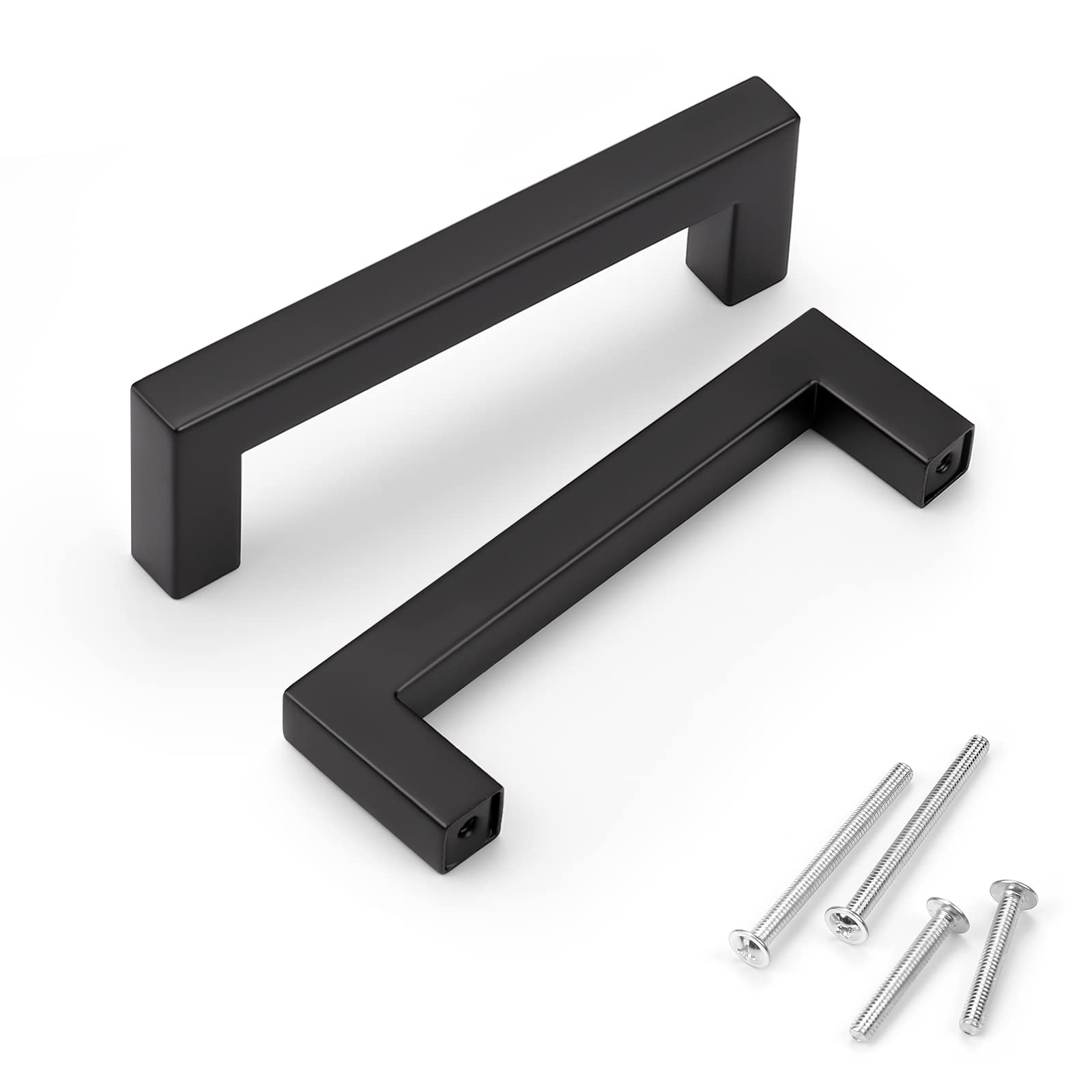 KNOBWELL 6 Pack 4 inch Black Kitchen Cabinet, Stainless Steel Cupboard Door Handles Pulls for Vanity Chest Nightstand Drawer Dresser - Hole Distance 4", Overall Length 4-1/2"