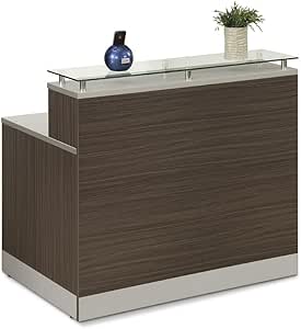 96" Modern Reception Desk - Curved Front Lobby Desk With Driftwood Laminate Top, For Office, Salon, Or Retail