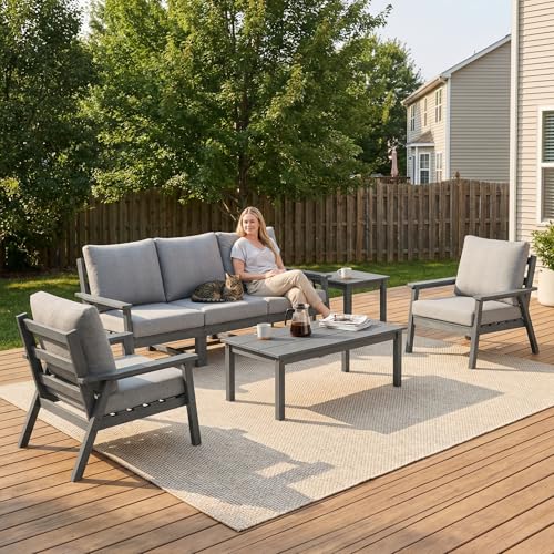Image of LOUNZY HDPE Outdoor Furinture Set, 7 Piece Sectional Sofa Patio Furniture Set, All Weather Outdoor Couch Set Patio Furniture Set for Deck, Lawn, Grey
