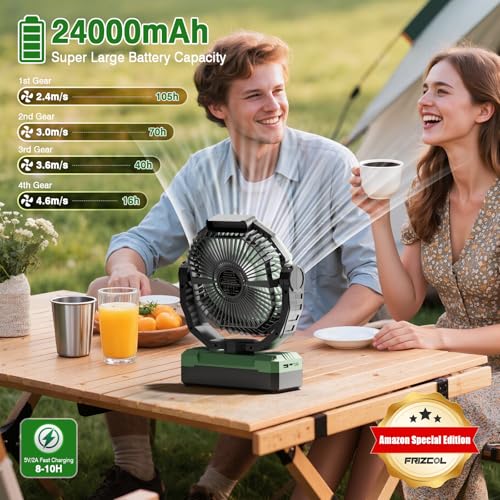 FRIZCOL 3-in-1 Camping Fan - Portable Fans Rechargeable - 24000mAh Battery Powered Fan(105Hrs) with Light & Remote for Indoor, Outdoor, Tent, Travel, Fishing, Jobsite, Gifts for Men Dad Him - Green - Image 3