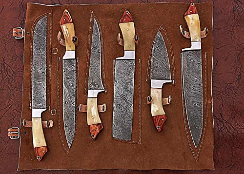 6 pieces Damascus steel kitchen knife set with leather bag, 74