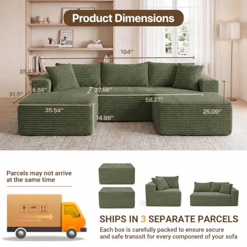 Image of Claiks 104 inch Boneless Couch, U-Shape Corduroy Sectional Sofa, Green