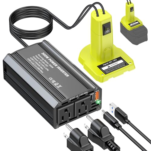 Image of TANHEYIN 300W Power Inverter Compatible with Ryobi 18V Battery - DC 18V to AC 110V Battery Converter, Portable Power Station with PD 65W Type-C Fast Charging & 2 AC Outlet & 1 USB-A 18W Max