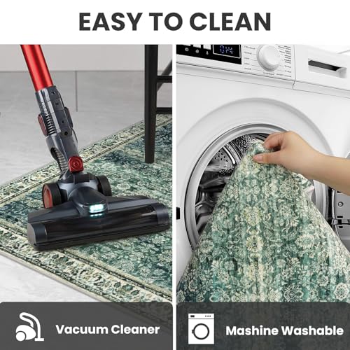 2x6 Green Blue Washable Runner Rug for Hallways, Soft Classic Kitchen Rugs with Non-Slip, Non-Shedding Distressed Floral Carpet for Entryway Bedroom Bathroom Laundry Indoor