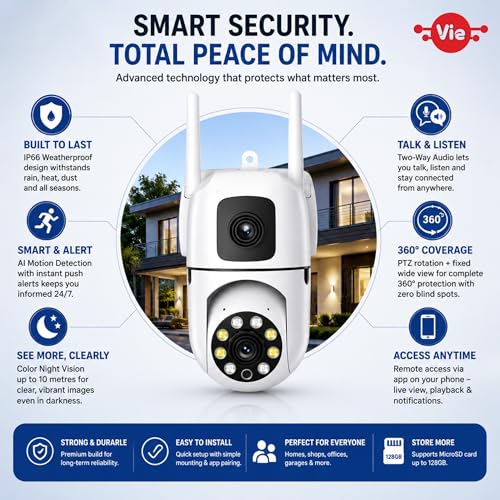 Image of VIE 5MP Dual Lens WiFi CCTV Camera for Home Outdoor 360 Degree PTZ | AI Motion Detection CC Camera Colour Night Vision Two-Way Audio App | Security Cameras for Home & Office
