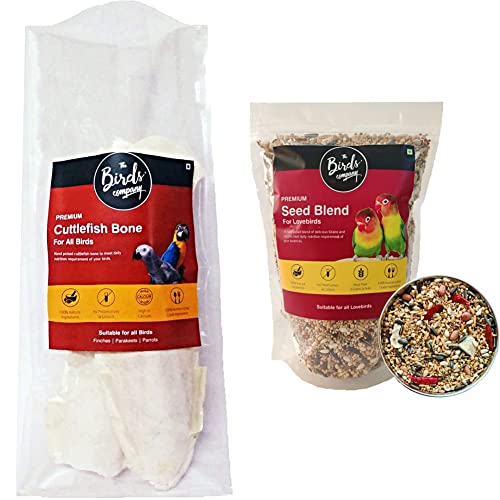 Image of The Birds Company Cuttlefish Bone, Bird Calcium for Finches, Budgies, Conures, Lovebirds, Cockatiels & Seed Blend of 9 Grains & Nuts, with Spirulina & Cuttlefish Bone, Bird Food for Love