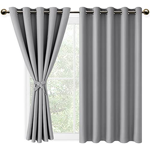 DWCN Silver Grey Blackout Curtains with Tiebacks for Bedroom Thermal Insulated Solid Eyelet Curtains for Living Room,2 Panels,66" Wide x 54" Drop