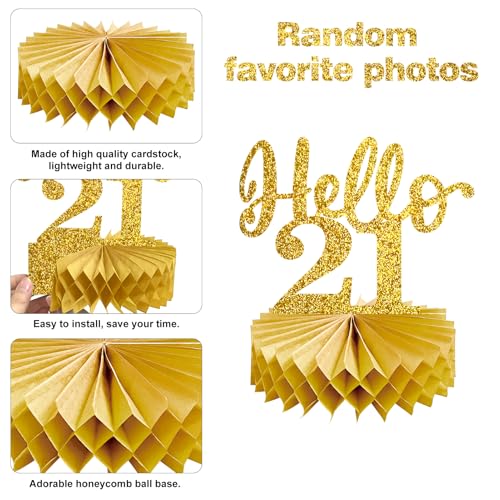 Image of Eucutur 8Pcs 21st Birthday Decorations Honeycomb Centerpieces for Him Her, Black Gold Vintage 2005 21st Bday Photo Table Centerpieces Party Supplies, Glitter Cheers to 21 Year Old Bday Table Topper