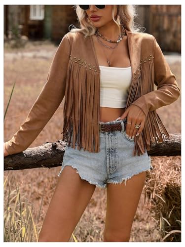 Floerns Women's Western Long Sleeve Tassel Trim Cardigan Open Front Concert Jacket Coat4