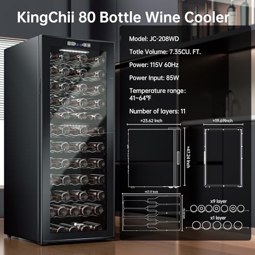 Image of KingChii 80 Bottle Wine Cooler Refrigerator - Dual Zone Wine Fridge with Intelligent Digital Control, Low Noise Operation, Freestanding Wine Refrigerator for Home and Kitchen