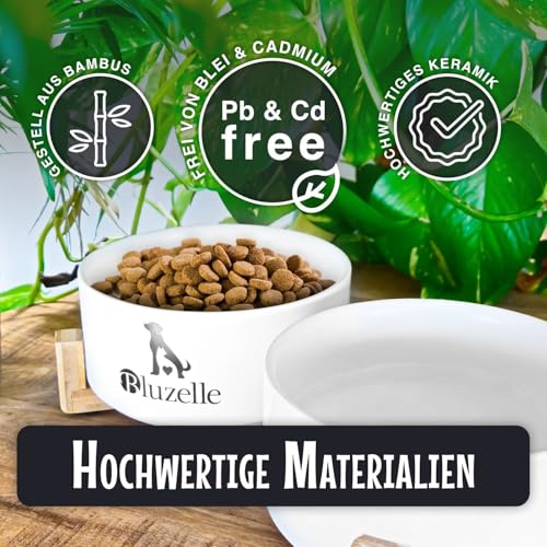 bluzelle Hundenapf Set Erhöht 2X 850ml – Keramik Napfstation 2in1 mit Bambus Holzgestell – Balance Bowl (XXL) – rutschfeste Futterbar für Hunde & Katzen – Marke aus Berlin, Farbe:Marmor Pink