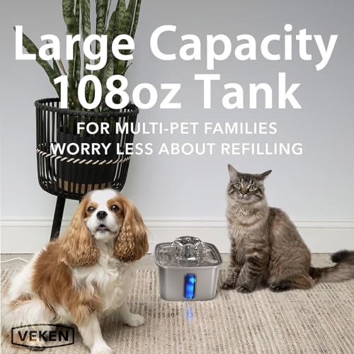 Image of Veken Innovation Award Winner Stainless Steel Cat Water Fountain, 108oz /3.2L Automatic Pet Fountain Dog Water Dispenser with 6 Replacement Filters & Silicone Mat for Cats, Dogs, Multiple Pets (Silver)