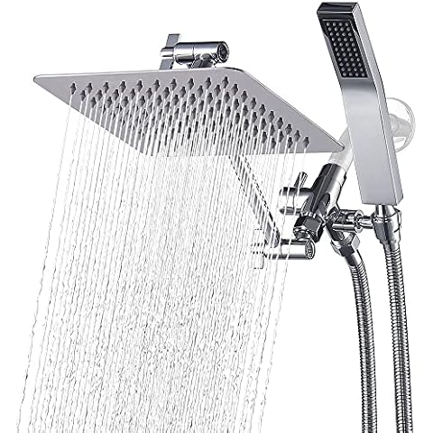 G-promise All Metal Dual Square Shower Head Combo | 8" Rain Shower Head | Handheld Shower Wand | Smooth 3-Way Diverter | with 11" Adjustable Extender - A bathroom Upgrade (Polished Chrome) Cover