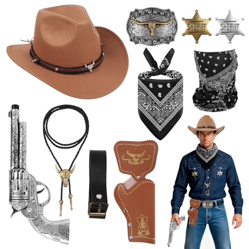 Disfraz de vaquero para hombre – Juego completo de 10 piezas de traje occidental para adultos y adolescentes con sombrero de vaquero, etc. – Accesorios integrales de vaquero para fiestas temáticas
