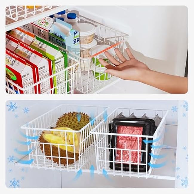 Orgneas Freezer Organizer Bins, Upright Freezer Basket Drawer Organizer Bins, Better Air Circulation Metal Wire Storage Container Bin For Chest Deep Freezers, Easy Sort & Get Food, 2 Large 2 Medium