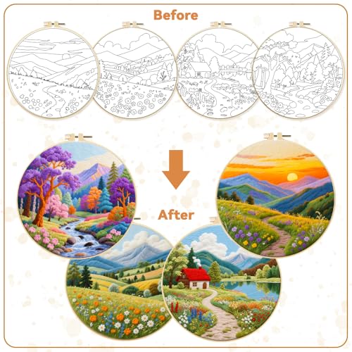 Image of BEUNITONE 4 Set Fairy Tale Landscape Embroidery Kit for Beginners 7.9 inchx7.9 inch Pre-Stamped Pattern Needlepoint Kits with Hoop, Tools & Instruction, Handamde Embroidery Kits for Fabric and Home Decor