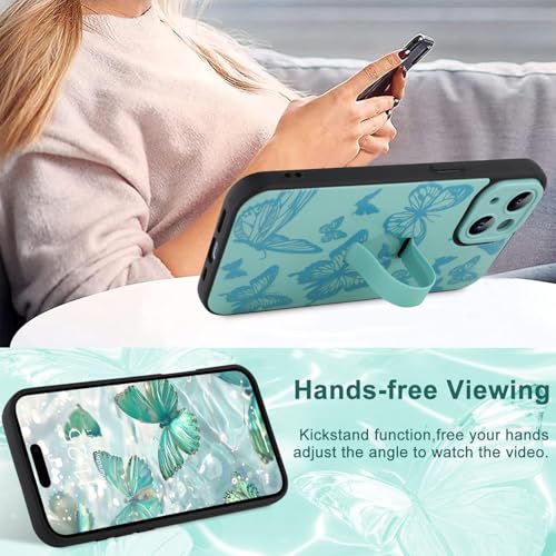 Image of for iPhone 15 Case with Finger Strap Holder, Cute Cool Butterfly Print Pattern Design for Women Men, Shockproof Anti Scratch Hand Kickstand Protective Cover, Green